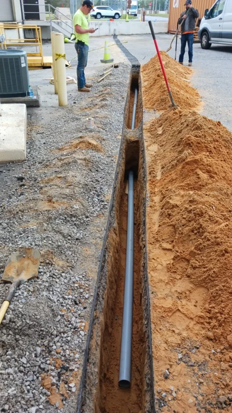 Conduit for a fire pump feeder laid in a trench between buildings