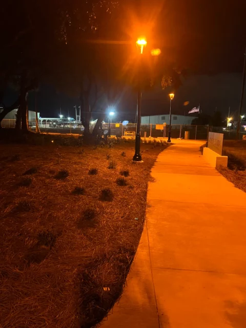 Pole-mounted lights illuminating a new concrete sidewalk at night