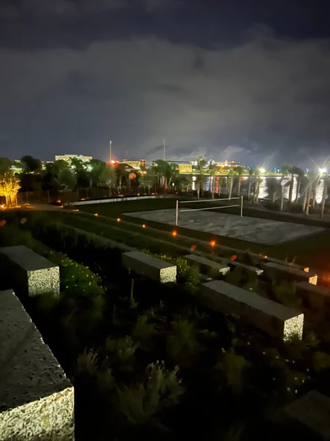 Newly installed site and landscape lighting seen from above at night