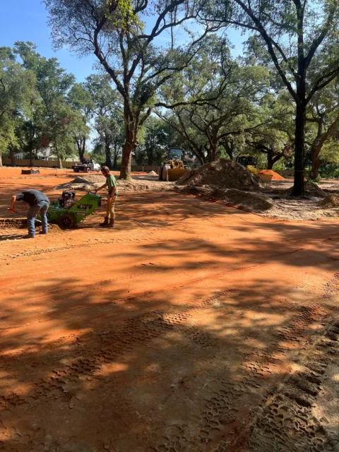 Crew trenching for site lighting circuits beneath live oaks in Ferry Pass